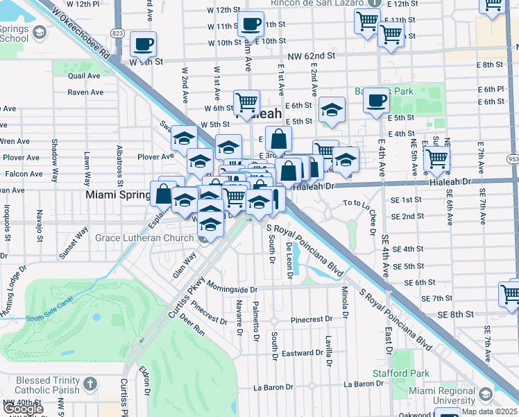 map of restaurants, bars, coffee shops, grocery stores, and more near 45 Curtiss Parkway in Miami Springs