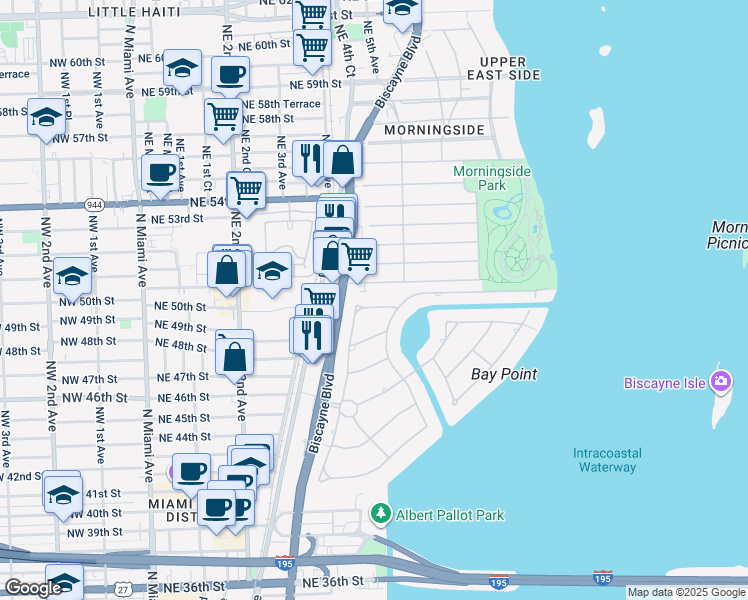 map of restaurants, bars, coffee shops, grocery stores, and more near 560 Bay Point Road in Miami