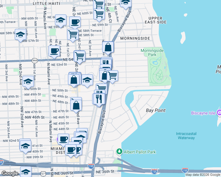 map of restaurants, bars, coffee shops, grocery stores, and more near 4760 Bay Point Road in Miami