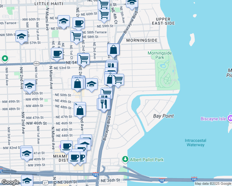 map of restaurants, bars, coffee shops, grocery stores, and more near 4760 Bay Point Road in Miami