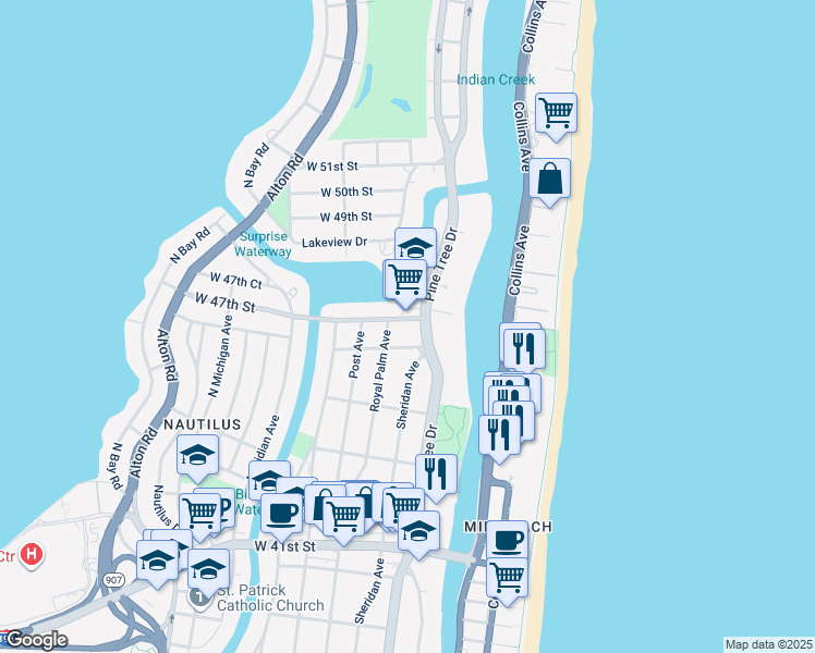 map of restaurants, bars, coffee shops, grocery stores, and more near 351 West 46th Street in Miami Beach