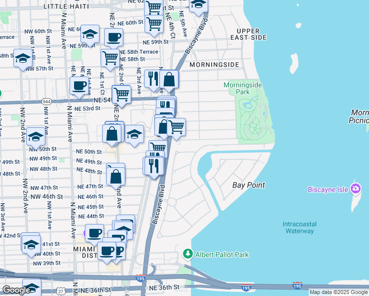 map of restaurants, bars, coffee shops, grocery stores, and more near 560 Bay Point Road in Miami