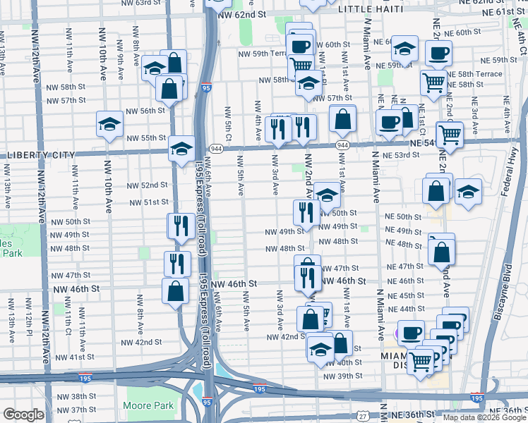map of restaurants, bars, coffee shops, grocery stores, and more near 300 Northwest 50th Street in Miami