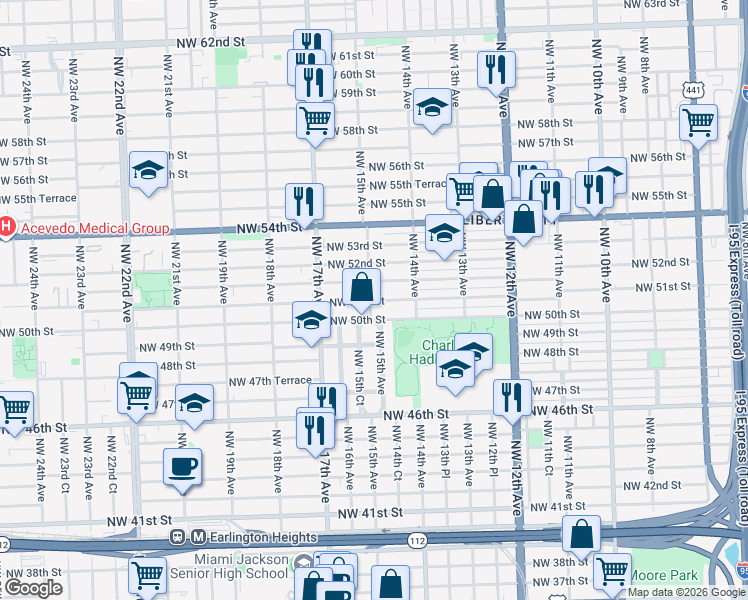 map of restaurants, bars, coffee shops, grocery stores, and more near 1457 Northwest 50th Street in Miami