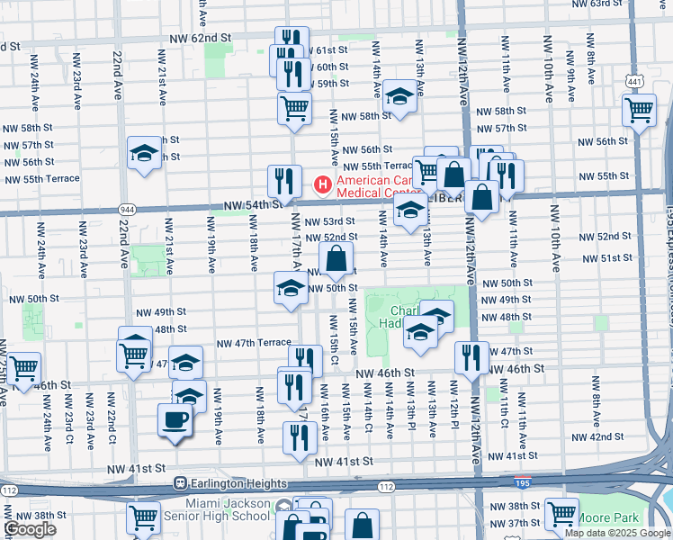 map of restaurants, bars, coffee shops, grocery stores, and more near 1537 Northwest 50th Street in Miami
