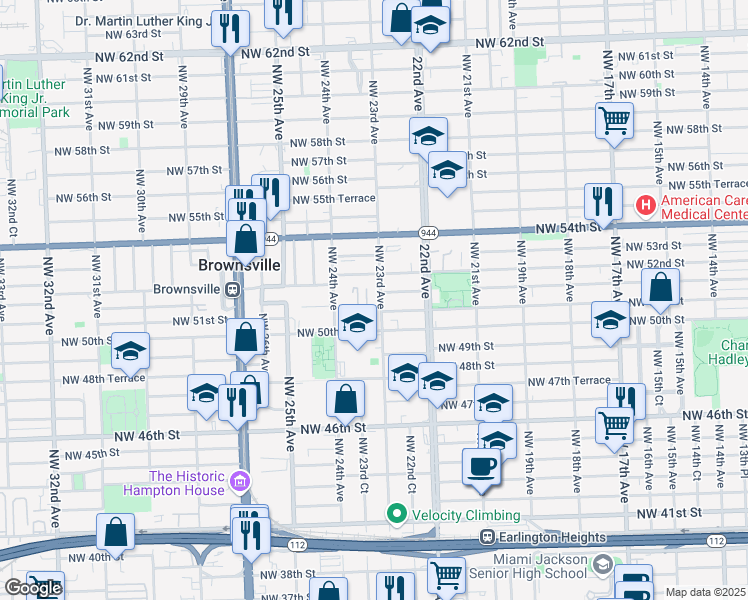 map of restaurants, bars, coffee shops, grocery stores, and more near 2320 Northwest 51st Street in Miami
