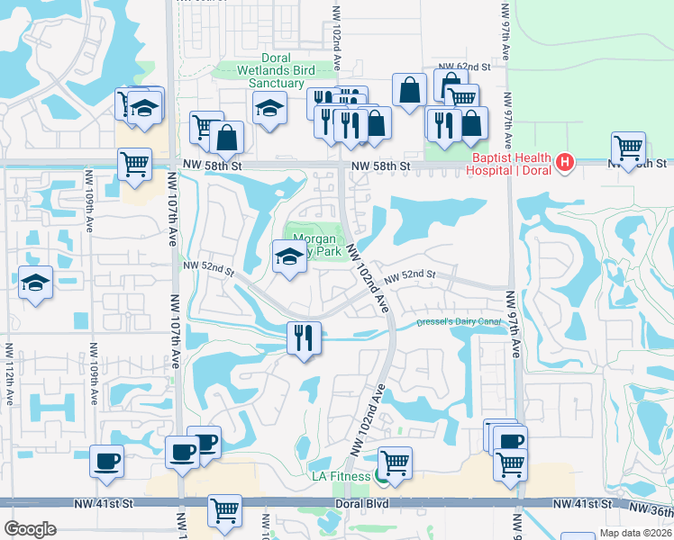 map of restaurants, bars, coffee shops, grocery stores, and more near 10249 Northwest 52nd Terrace in Doral