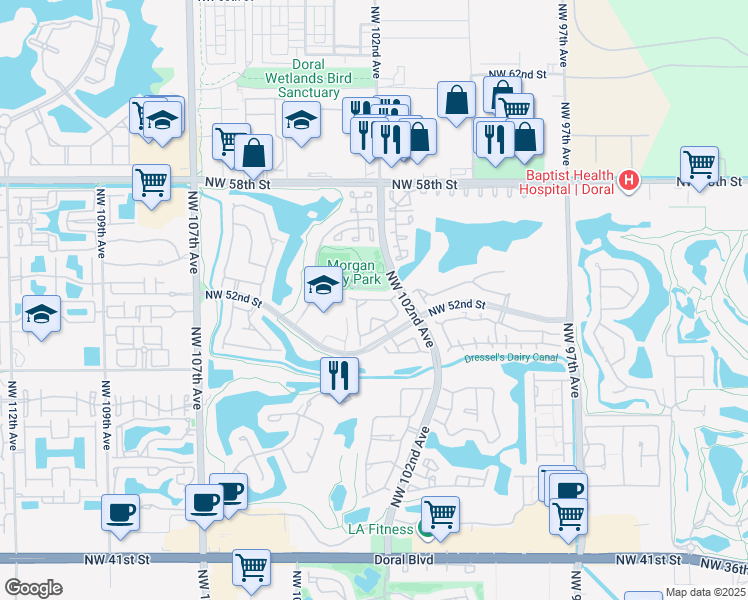 map of restaurants, bars, coffee shops, grocery stores, and more near 10249 Northwest 52nd Terrace in Doral