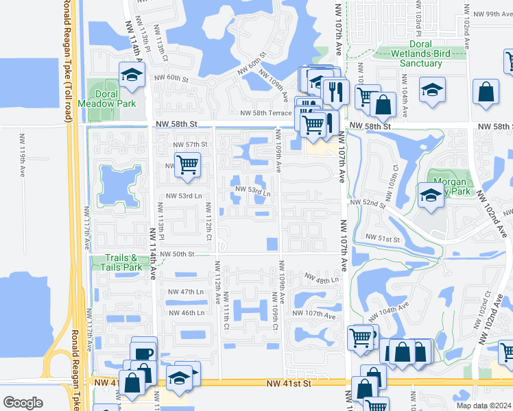 map of restaurants, bars, coffee shops, grocery stores, and more near 5225 Northwest 112th Avenue in Doral