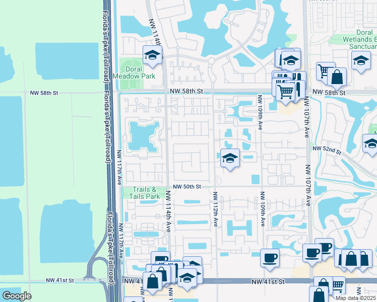 map of restaurants, bars, coffee shops, grocery stores, and more near 11341 Northwest 52nd Street in Doral
