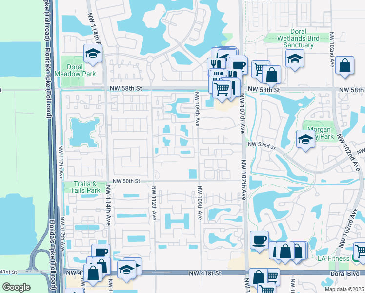 map of restaurants, bars, coffee shops, grocery stores, and more near 5210 Northwest 109th Avenue in Doral