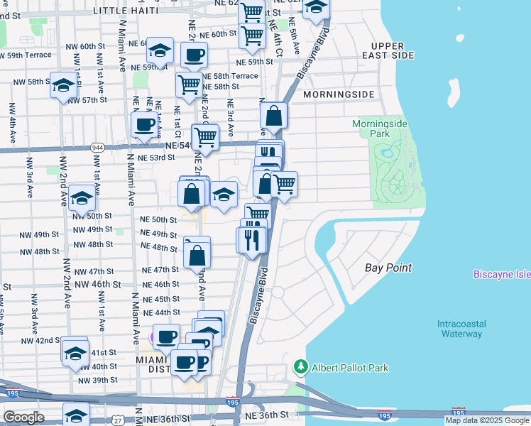 map of restaurants, bars, coffee shops, grocery stores, and more near 4760 Bay Point Road in Miami