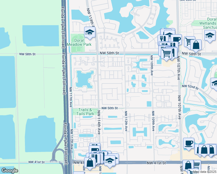 map of restaurants, bars, coffee shops, grocery stores, and more near 11341 Northwest 52nd Street in Doral