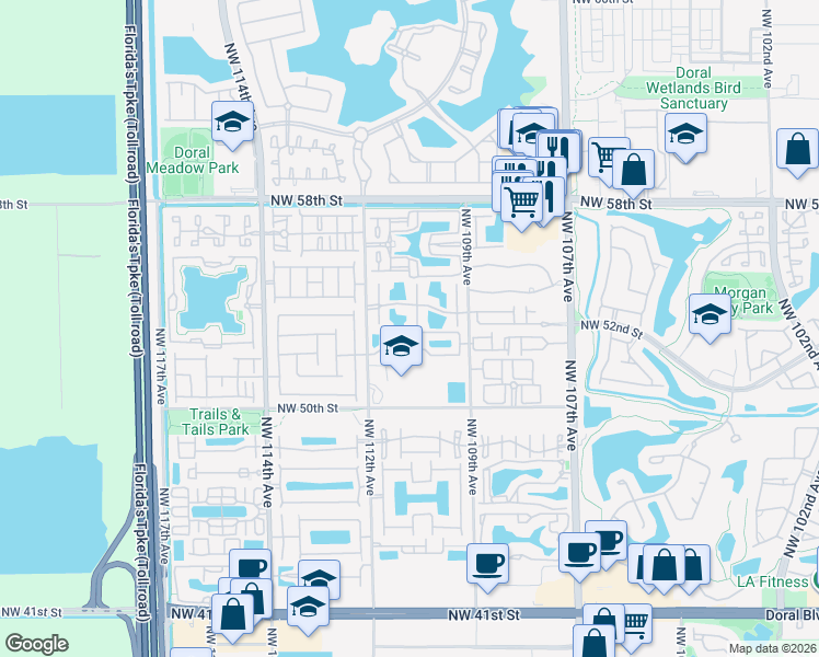 map of restaurants, bars, coffee shops, grocery stores, and more near 5225 Northwest 112th Avenue in Doral