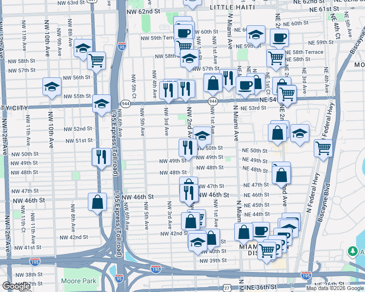 map of restaurants, bars, coffee shops, grocery stores, and more near 233 Northwest 49th Street in Miami