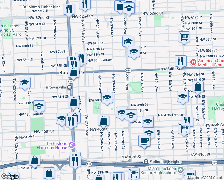 map of restaurants, bars, coffee shops, grocery stores, and more near 2320 Northwest 51st Street in Miami