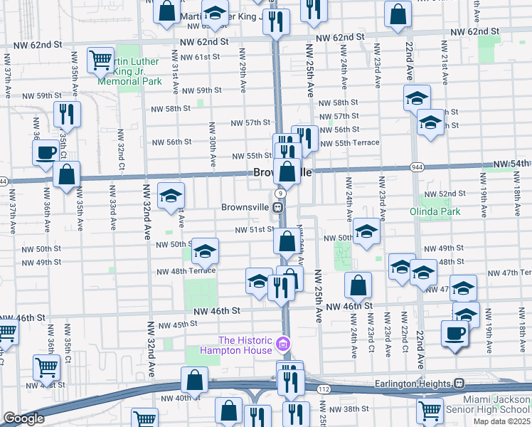 map of restaurants, bars, coffee shops, grocery stores, and more near 2701 Northwest 51st Street in Miami