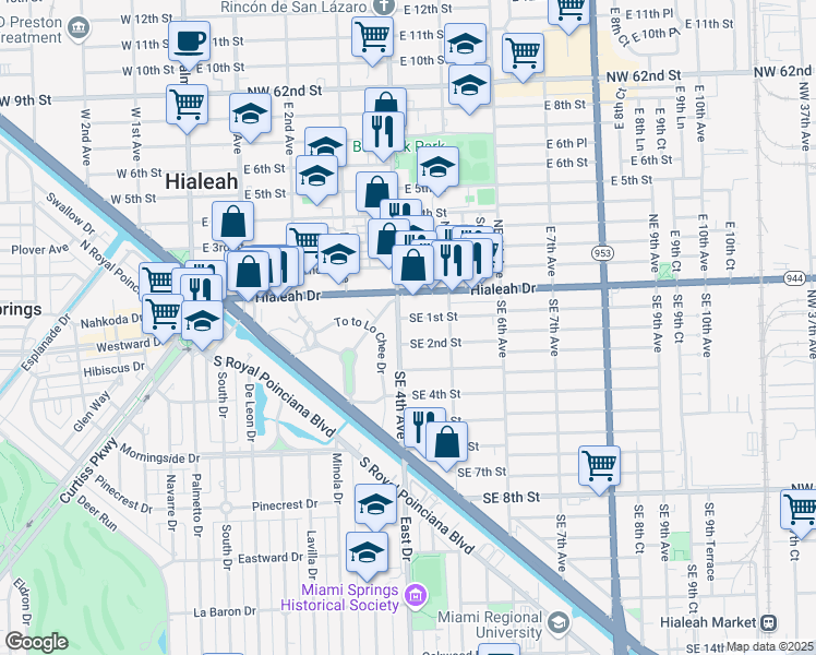 map of restaurants, bars, coffee shops, grocery stores, and more near 436 Southeast 2nd Street in Hialeah