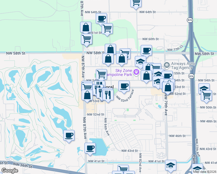 map of restaurants, bars, coffee shops, grocery stores, and more near in Doral
