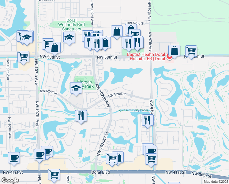 map of restaurants, bars, coffee shops, grocery stores, and more near 10151 Northwest 51st Lane in Doral