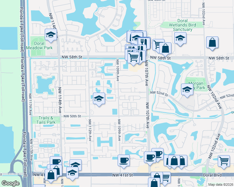map of restaurants, bars, coffee shops, grocery stores, and more near 5210 Northwest 109th Avenue in Doral