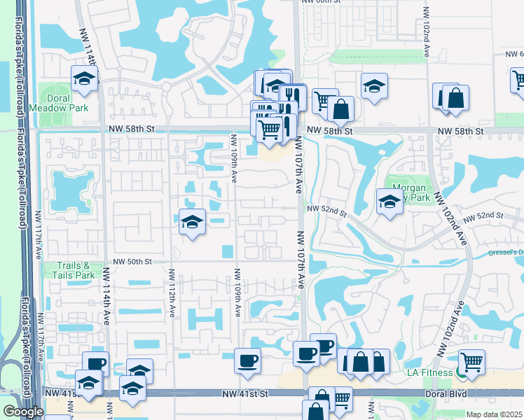 map of restaurants, bars, coffee shops, grocery stores, and more near 10819 Northwest 51st Lane in Doral