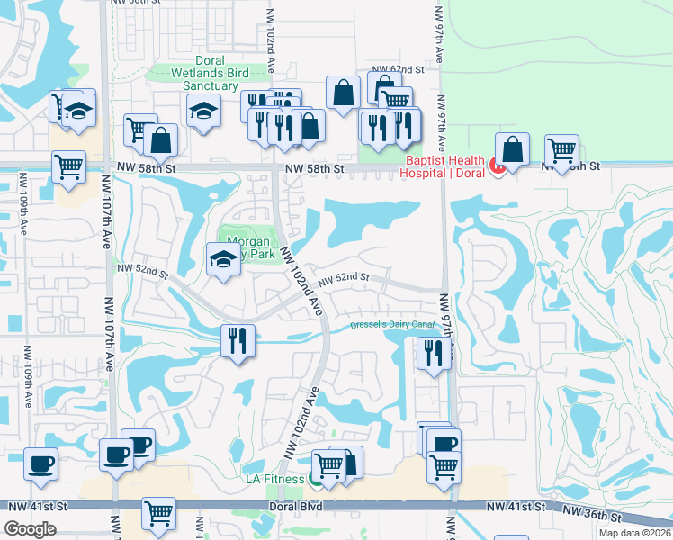 map of restaurants, bars, coffee shops, grocery stores, and more near 10151 Northwest 51st Lane in Doral