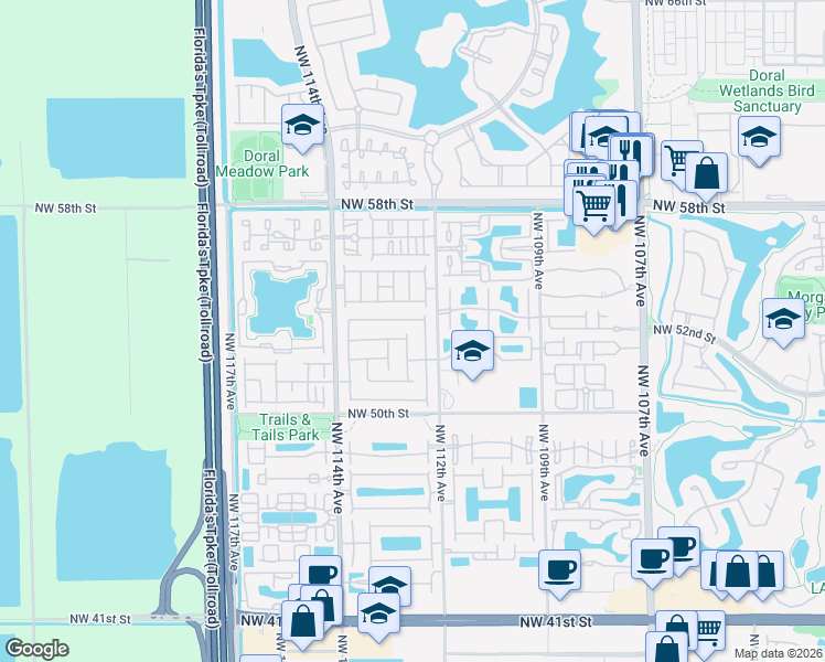 map of restaurants, bars, coffee shops, grocery stores, and more near 5297 Northwest 112th Place in Doral