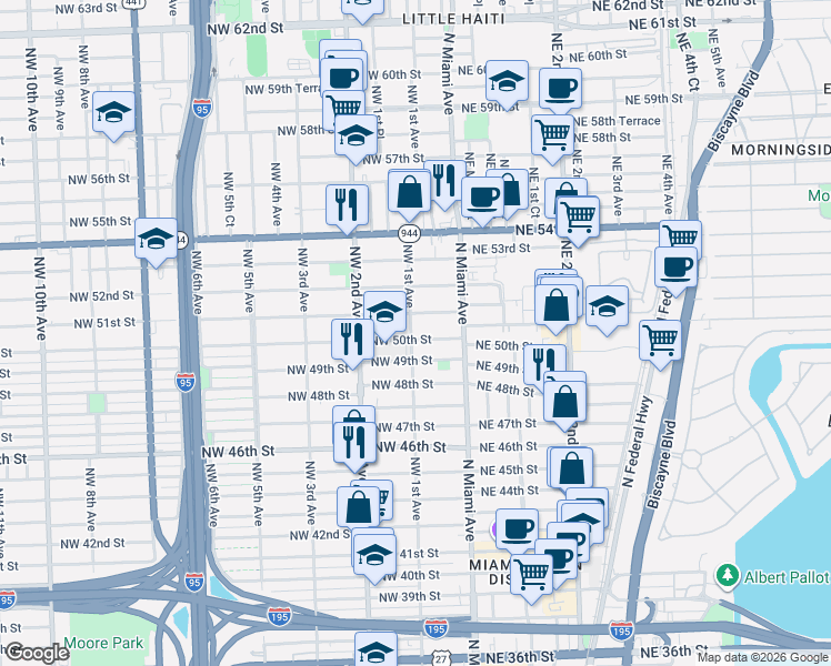 map of restaurants, bars, coffee shops, grocery stores, and more near 93 Northwest 49th Street in Miami