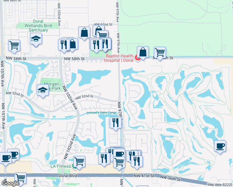 map of restaurants, bars, coffee shops, grocery stores, and more near 9725 Northwest 52nd Street in Doral