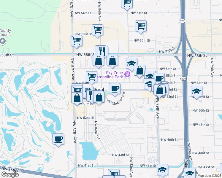 map of restaurants, bars, coffee shops, grocery stores, and more near 8355 Northwest 54th Street in Doral