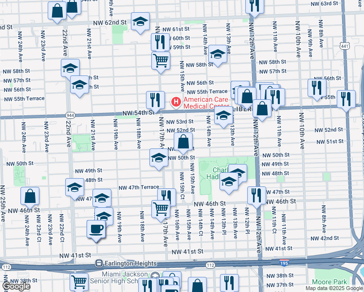map of restaurants, bars, coffee shops, grocery stores, and more near 1529 Northwest 51st Terrace in Miami