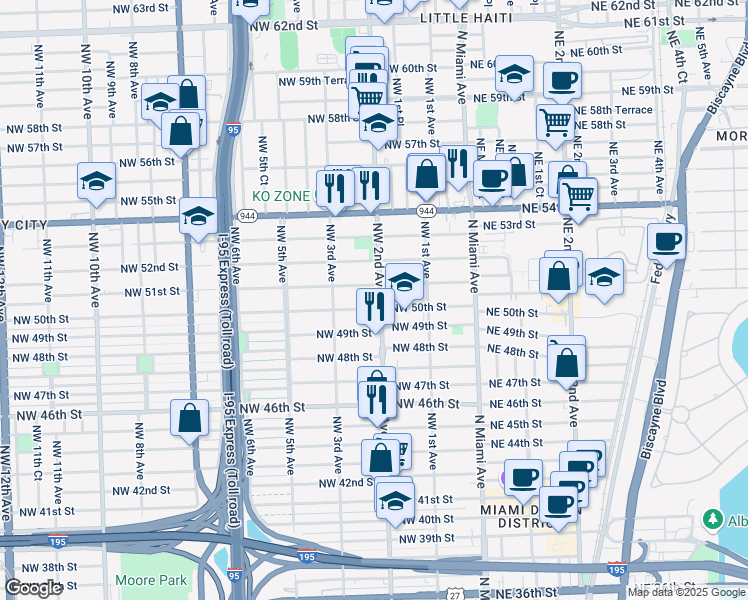 map of restaurants, bars, coffee shops, grocery stores, and more near 231 Northwest 51st Street in Miami