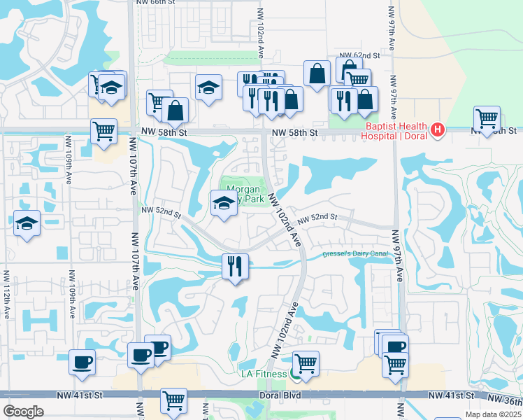 map of restaurants, bars, coffee shops, grocery stores, and more near 5610 Northwest 107th Avenue in Doral