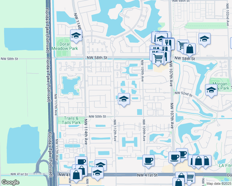 map of restaurants, bars, coffee shops, grocery stores, and more near 5388 Northwest 111th Court in Doral