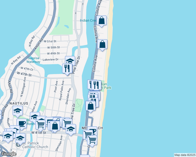 map of restaurants, bars, coffee shops, grocery stores, and more near 4775 Collins Avenue in Miami
