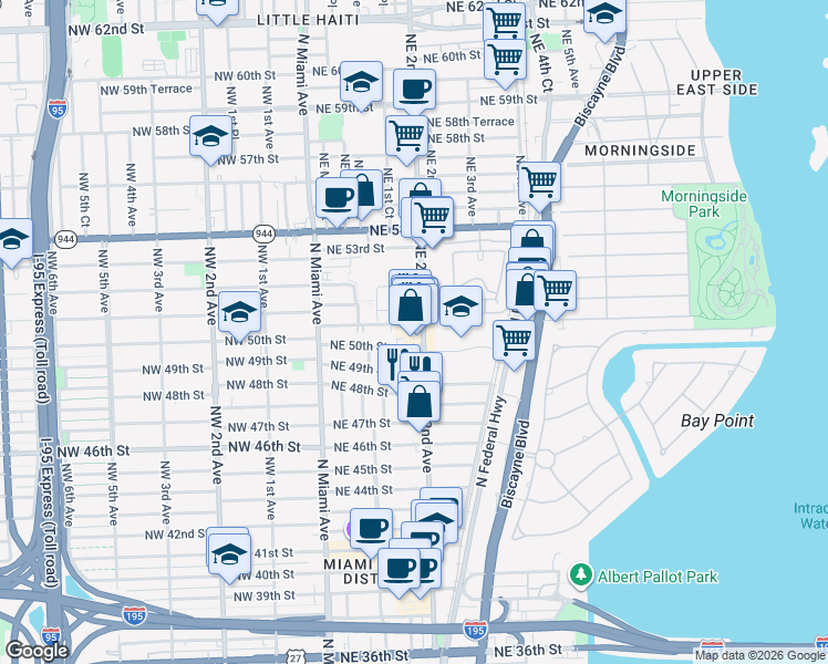 map of restaurants, bars, coffee shops, grocery stores, and more near in Miami