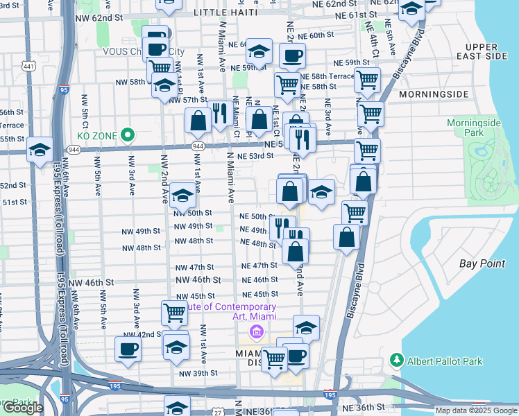 map of restaurants, bars, coffee shops, grocery stores, and more near 56 Northeast 51st Street in Miami