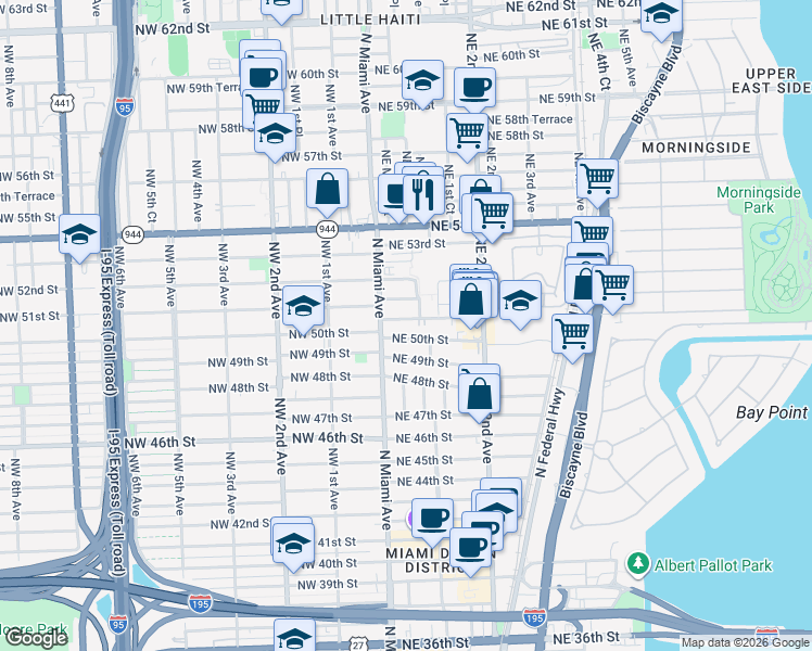 map of restaurants, bars, coffee shops, grocery stores, and more near 56 Northeast 51st Street in Miami