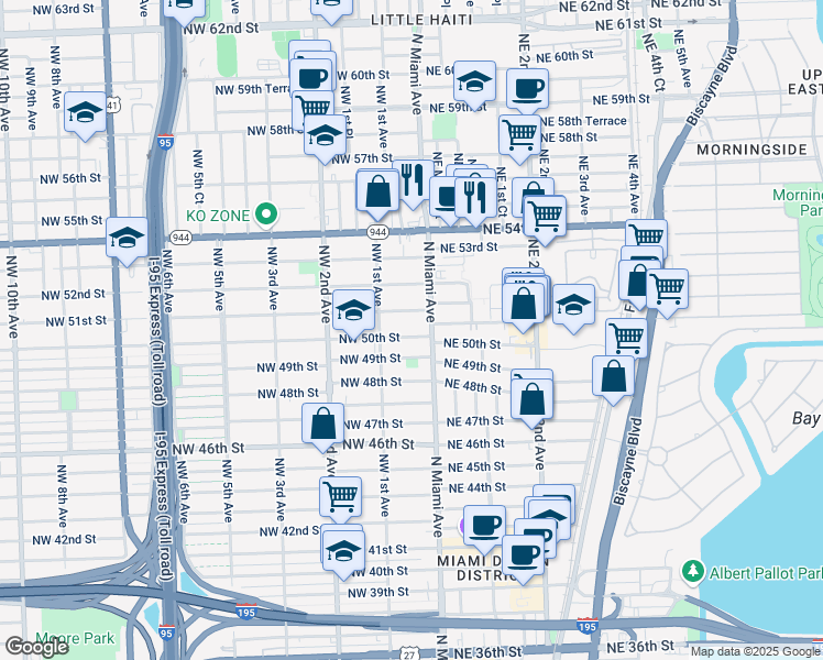 map of restaurants, bars, coffee shops, grocery stores, and more near 5100 North Miami Avenue in Miami