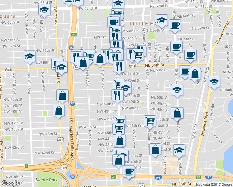 map of restaurants, bars, coffee shops, grocery stores, and more near 231 Northwest 51st Street in Miami