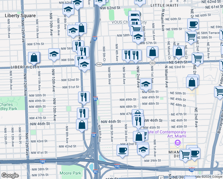 map of restaurants, bars, coffee shops, grocery stores, and more near 441 Northwest 51st Street in Miami