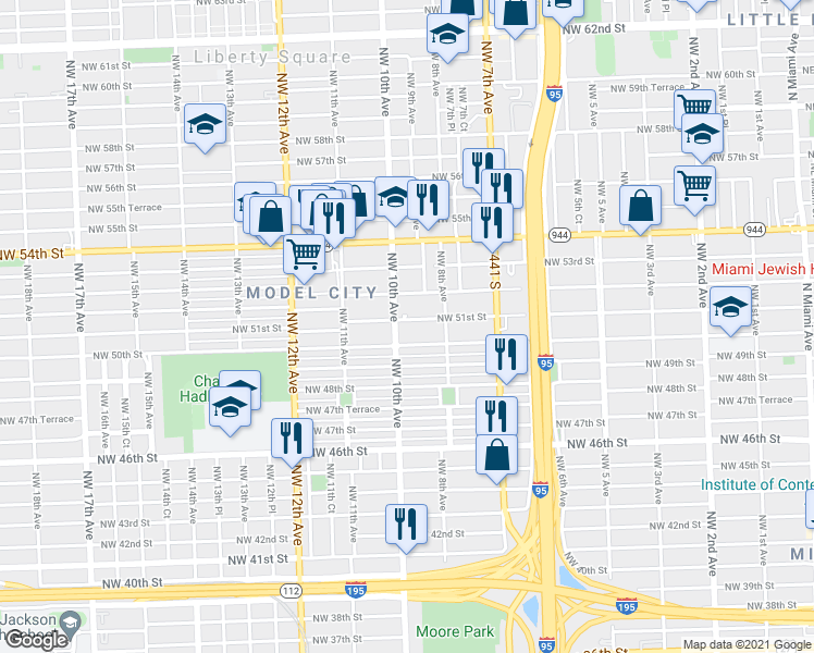 map of restaurants, bars, coffee shops, grocery stores, and more near 841 Northwest 51st Street in Miami