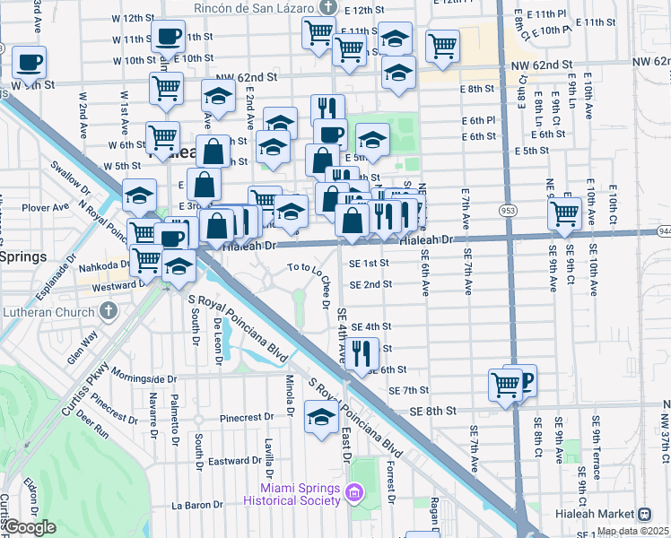 map of restaurants, bars, coffee shops, grocery stores, and more near in Hialeah