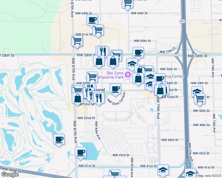 map of restaurants, bars, coffee shops, grocery stores, and more near 8355 Northwest 54th Street in Doral