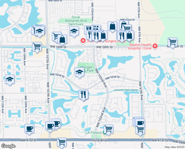 map of restaurants, bars, coffee shops, grocery stores, and more near 5610 Northwest 107th Avenue in Doral