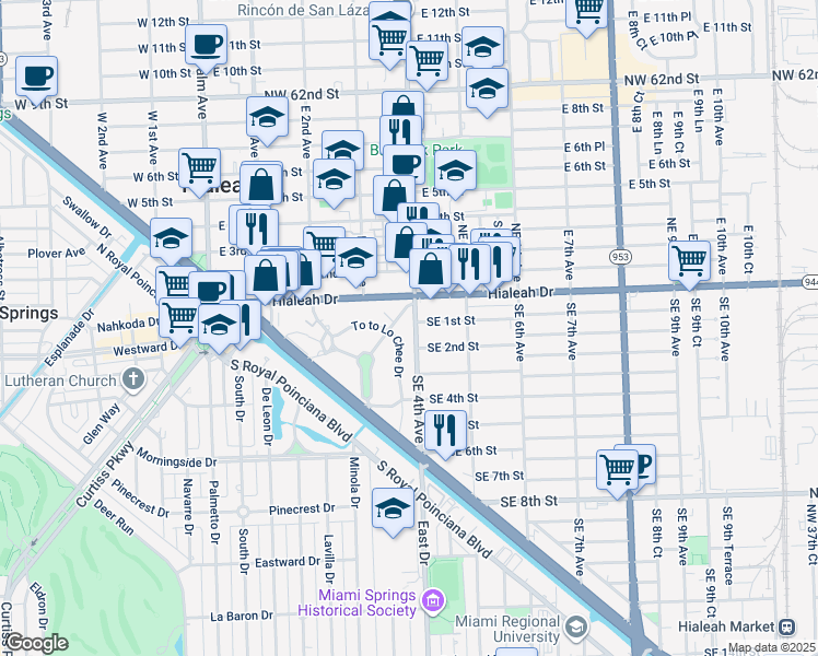 map of restaurants, bars, coffee shops, grocery stores, and more near in Hialeah