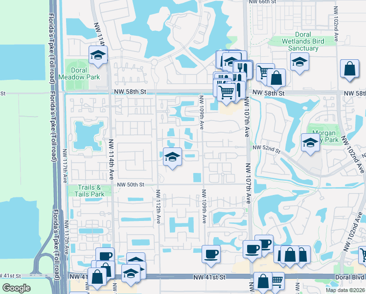 map of restaurants, bars, coffee shops, grocery stores, and more near 5382 Northwest 110th Avenue in Doral