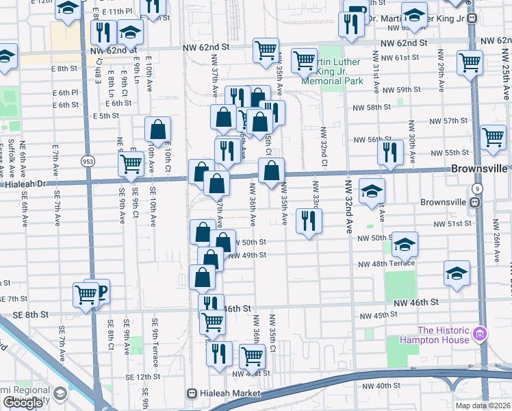 map of restaurants, bars, coffee shops, grocery stores, and more near 5211 Northwest 36th Avenue in Miami