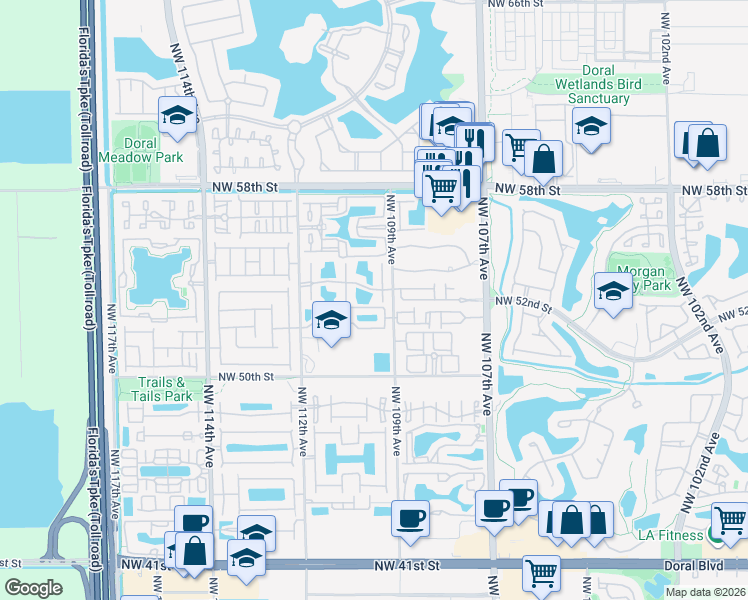 map of restaurants, bars, coffee shops, grocery stores, and more near 5374 Northwest 109th Court in Doral
